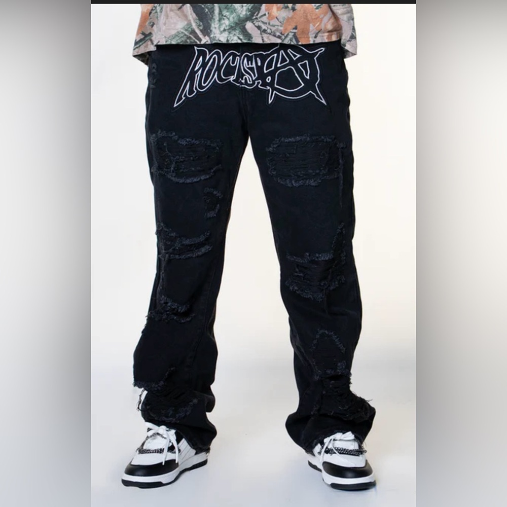 Black Rockstar Distressed Baggy Denim Men’s Jeans with Star Patches Size 40 - Picture 16 of 16